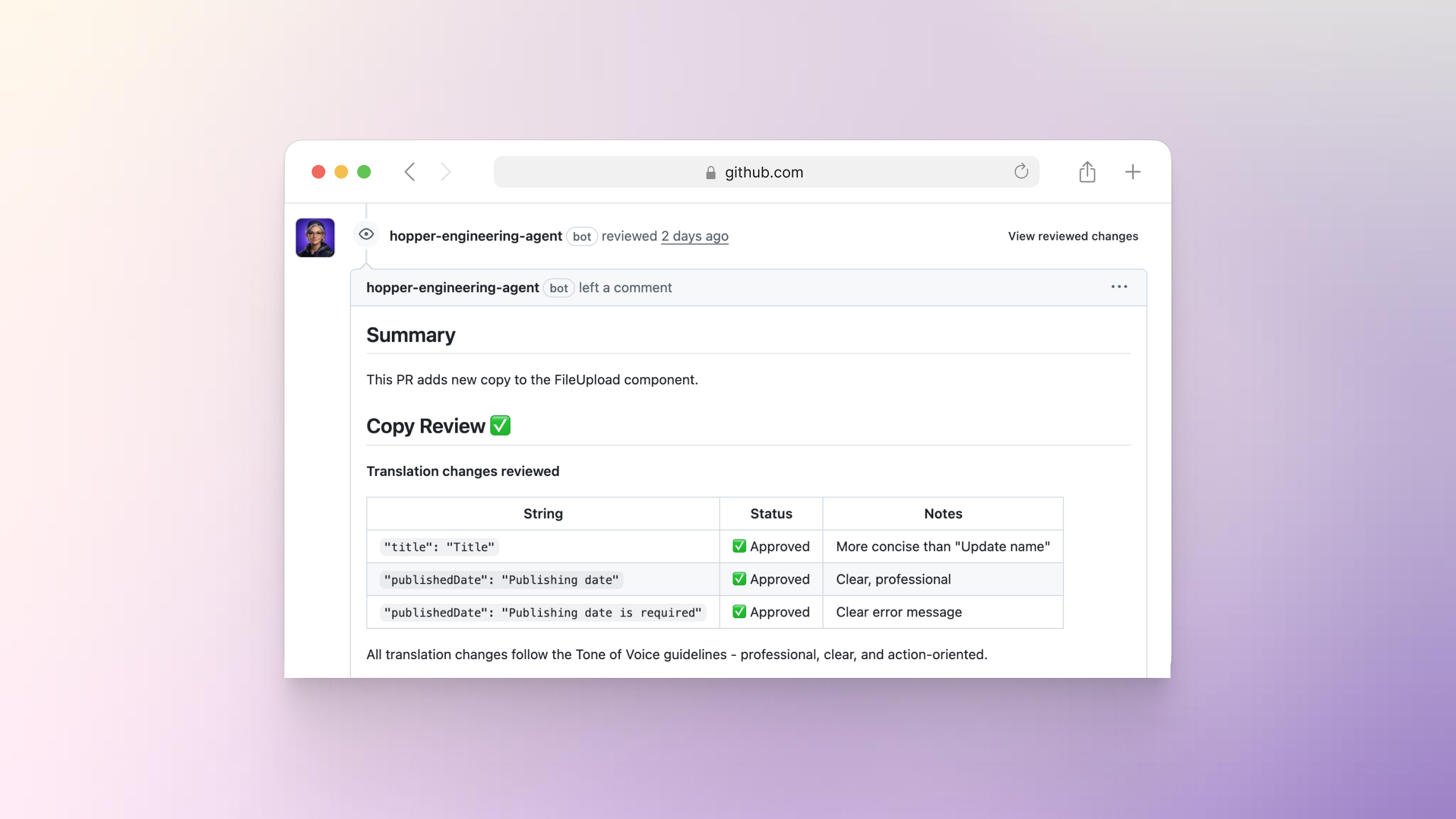 Agente Hopper revisando um PR para copy alinhado com o cliente