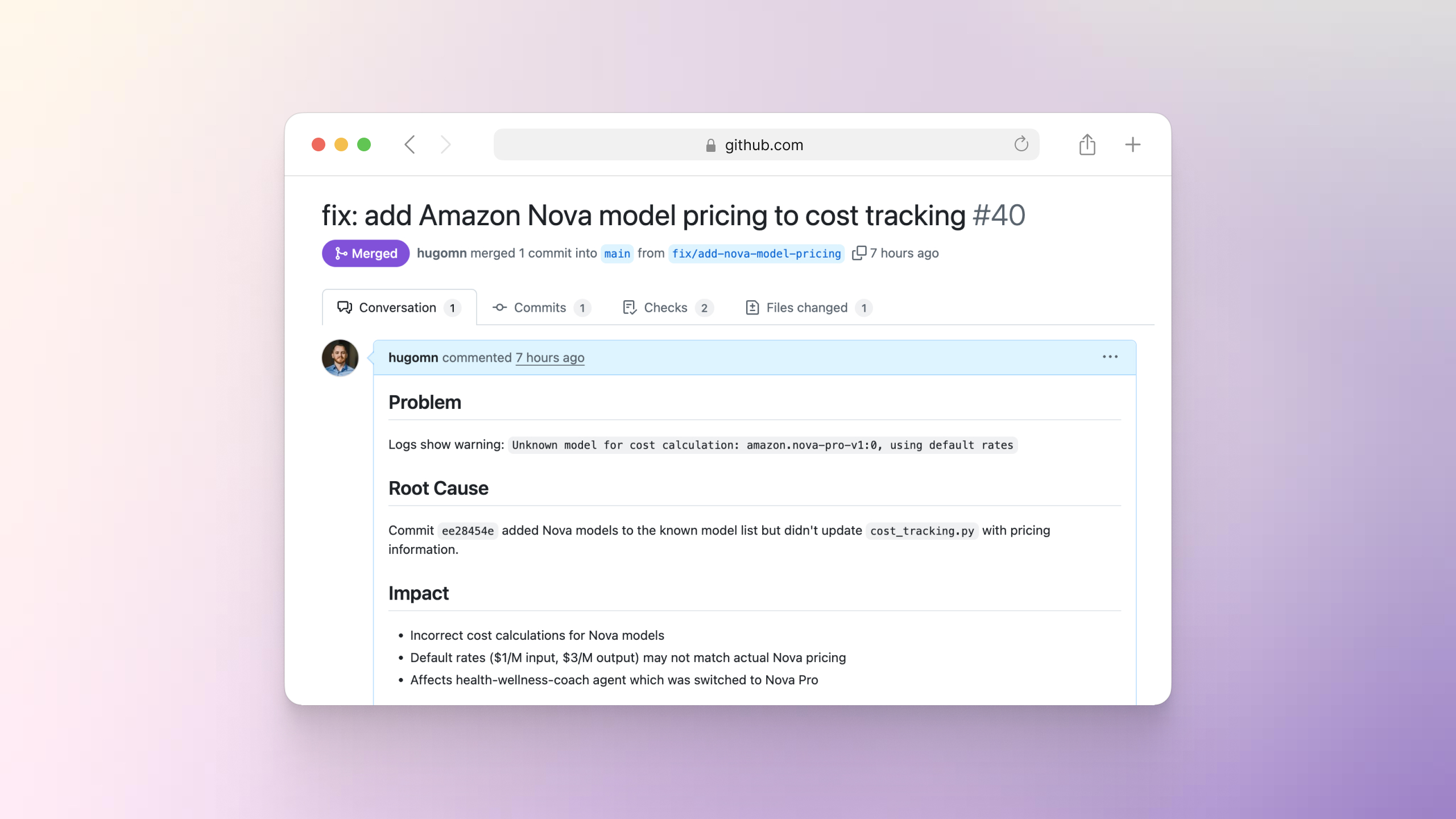 Agente Sentinel abrindo automaticamente um PR para corrigir preços do modelo Amazon Nova